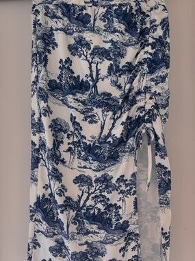 SHEIN Blue & White Toile Print Midi Skirt with Side Tie Detail